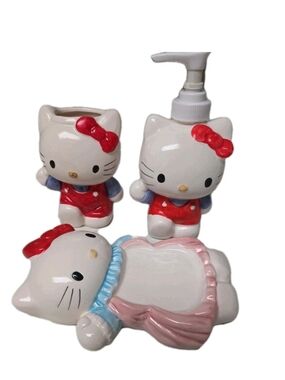 Vtg. Hello Kitty Ceramic 3-Piece Bath Set in White and Red w Pink Blue Accents